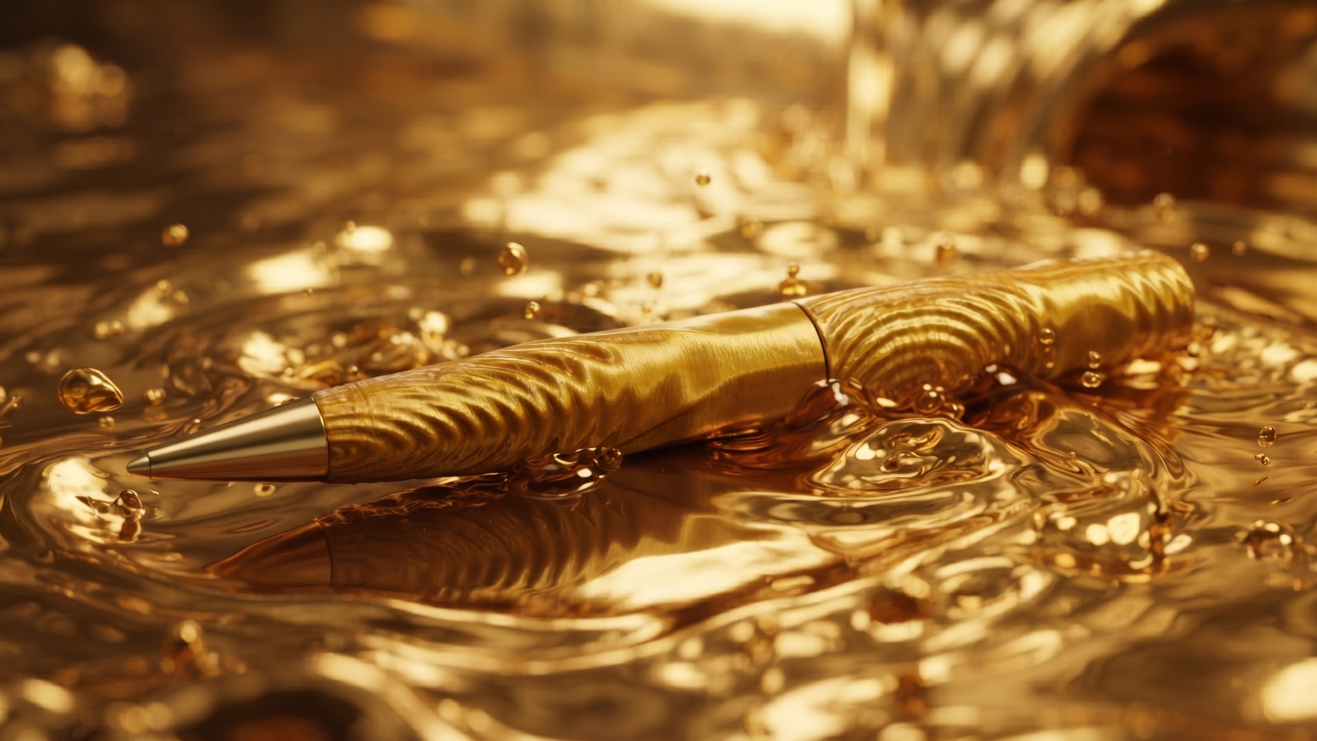 La penna a sfera Wave oro immersa nell'oro fuso