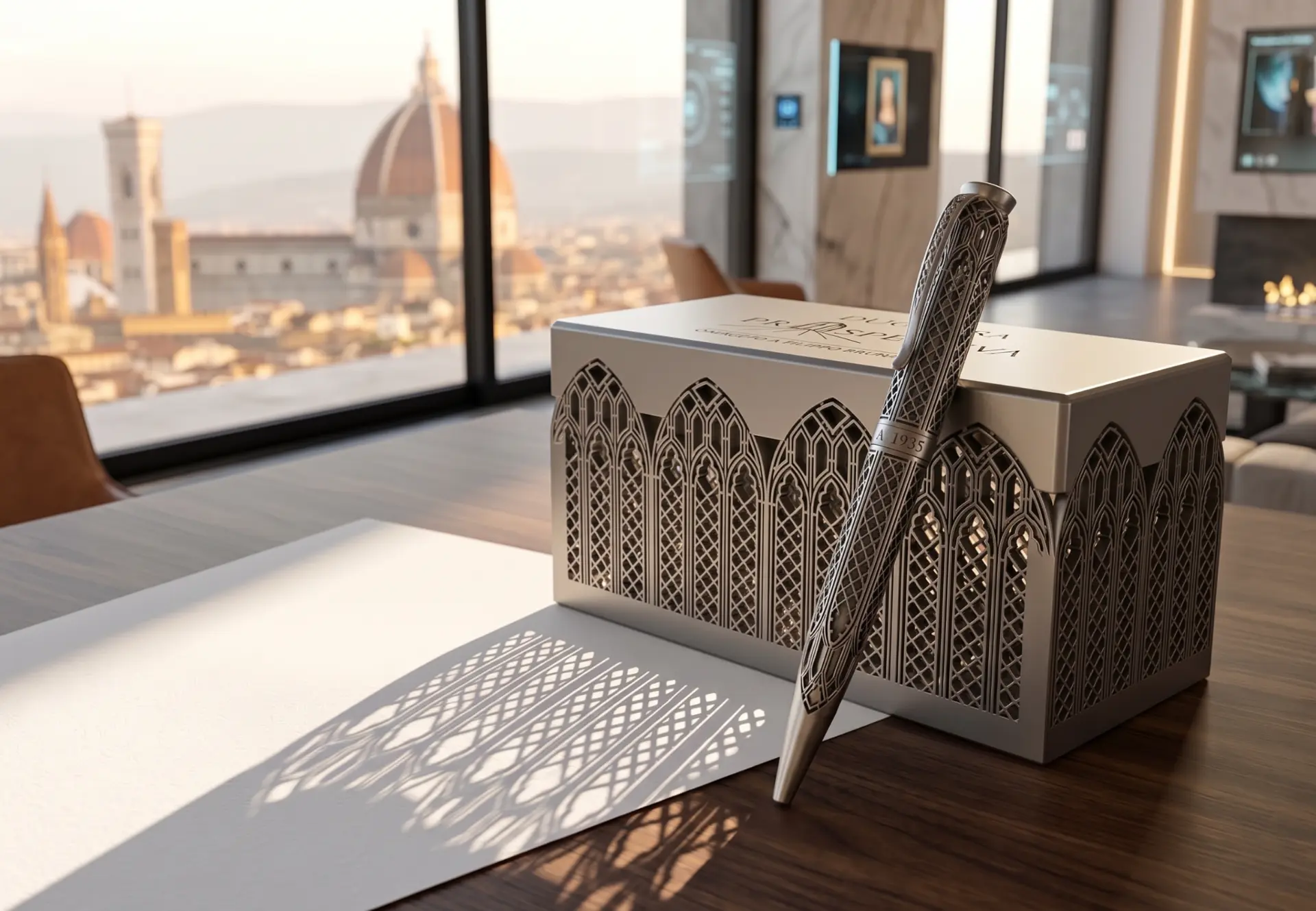 La penna Prospettiva appoggiata alla propria confezione a trifore sulla scrivania, con la cupola di Firenze fuori dalla vetrata