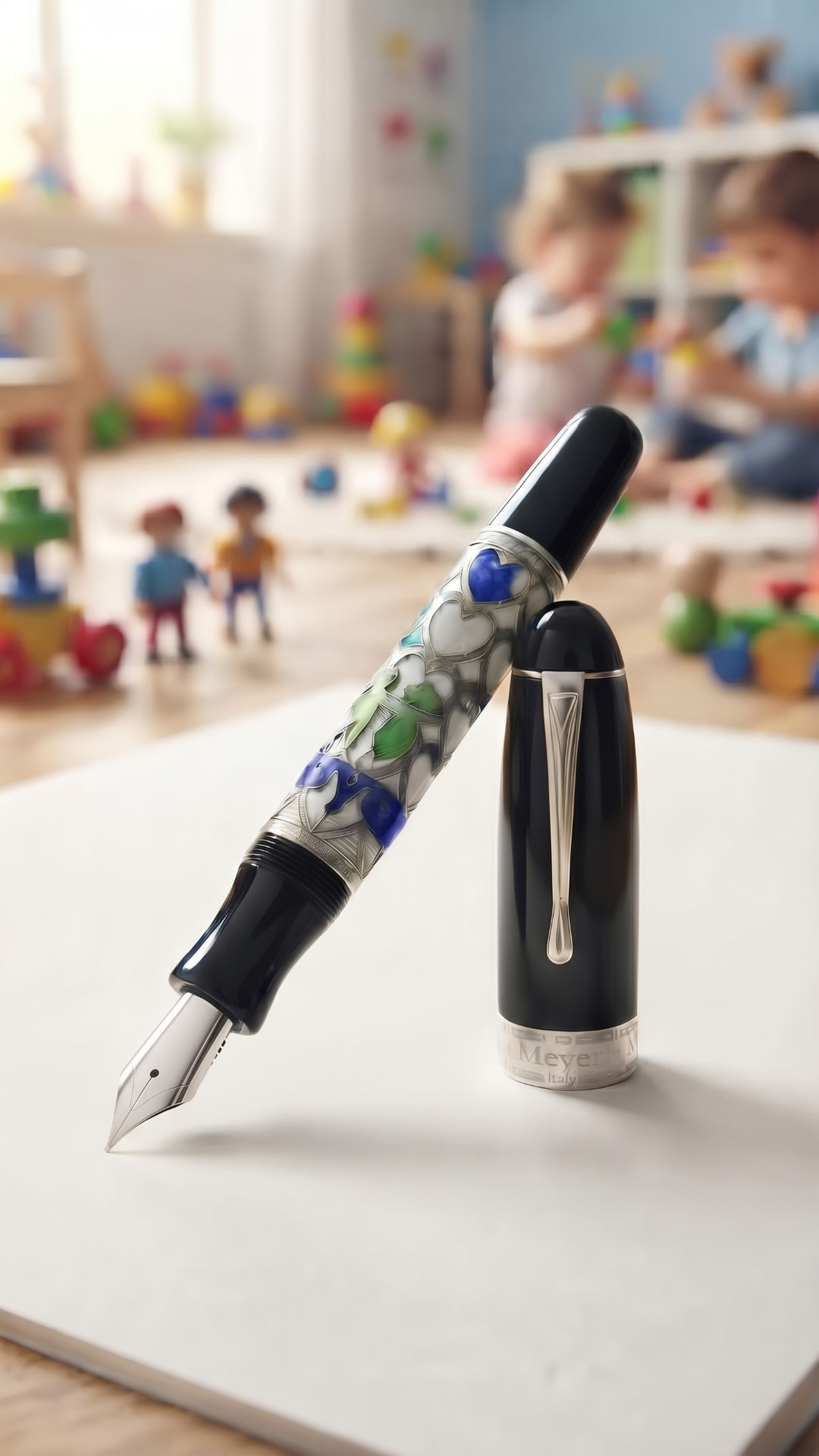 Fondazione Meyer — Resina colata a mano su una «ragnatela» galvanizzata fatta di profili di cuori, argento e smalti nei colori della Fondazione Meyer, con i bambini del suo logo. Creata per la Fondazione Meyer.