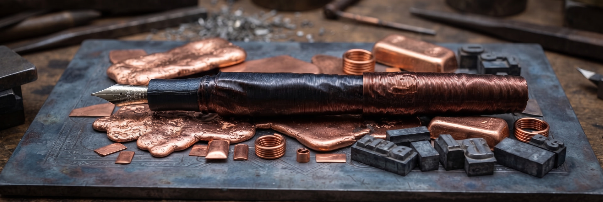 La penna Wave bronzo e piombo tra lingotti di rame e caratteri tipografici d'epoca
