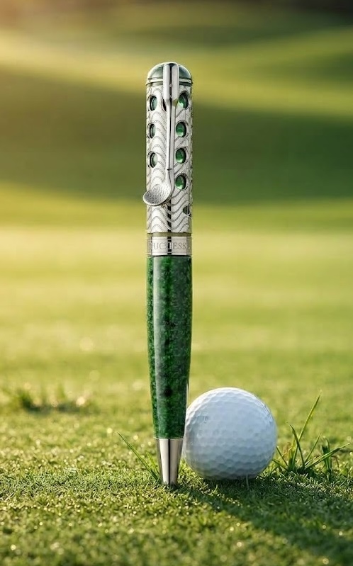 Circolo del Golf — Resina verde marmorizzata, fermaglio a ferro da golf, cappuccio traforato. Realizzata per un circolo di golf.