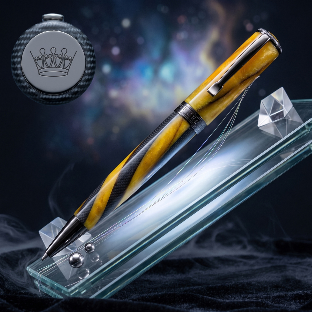 Penna Elements Etere dorata su cristallo, immersa in una luce cosmica