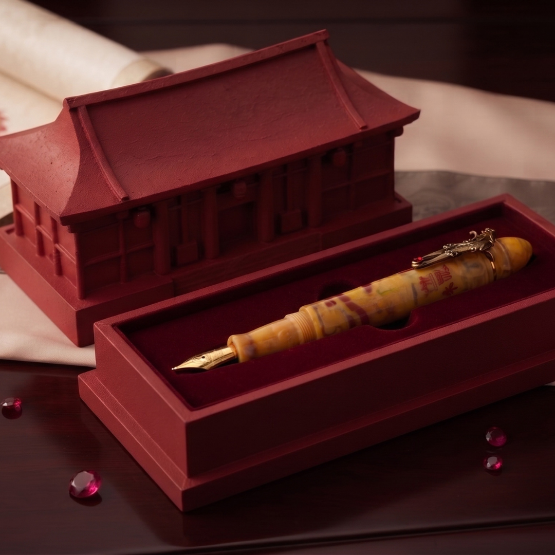 Zhulong nella custodia rossa a forma di tempio cinese, circondata da rubini