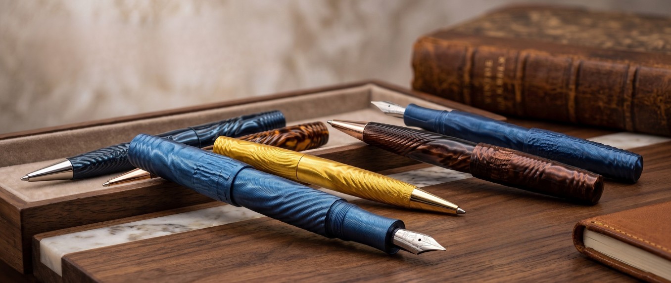 Le penne Wave Duchessa 1935 — sfera, roller e stilografica — disposte sul banco in legno con libri d'epoca