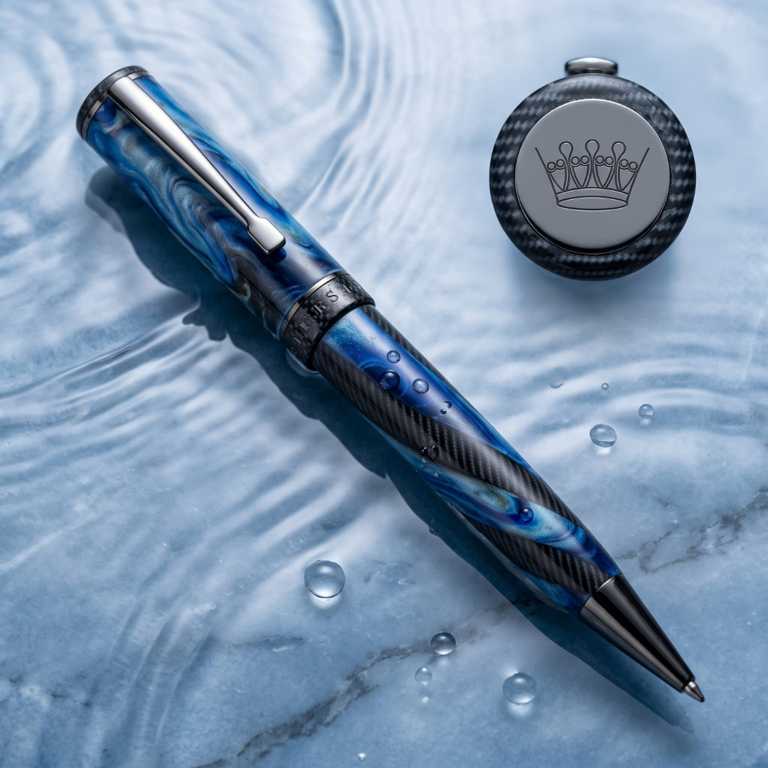 Penna Elements Acqua blu su una superficie attraversata da cerchi d’acqua